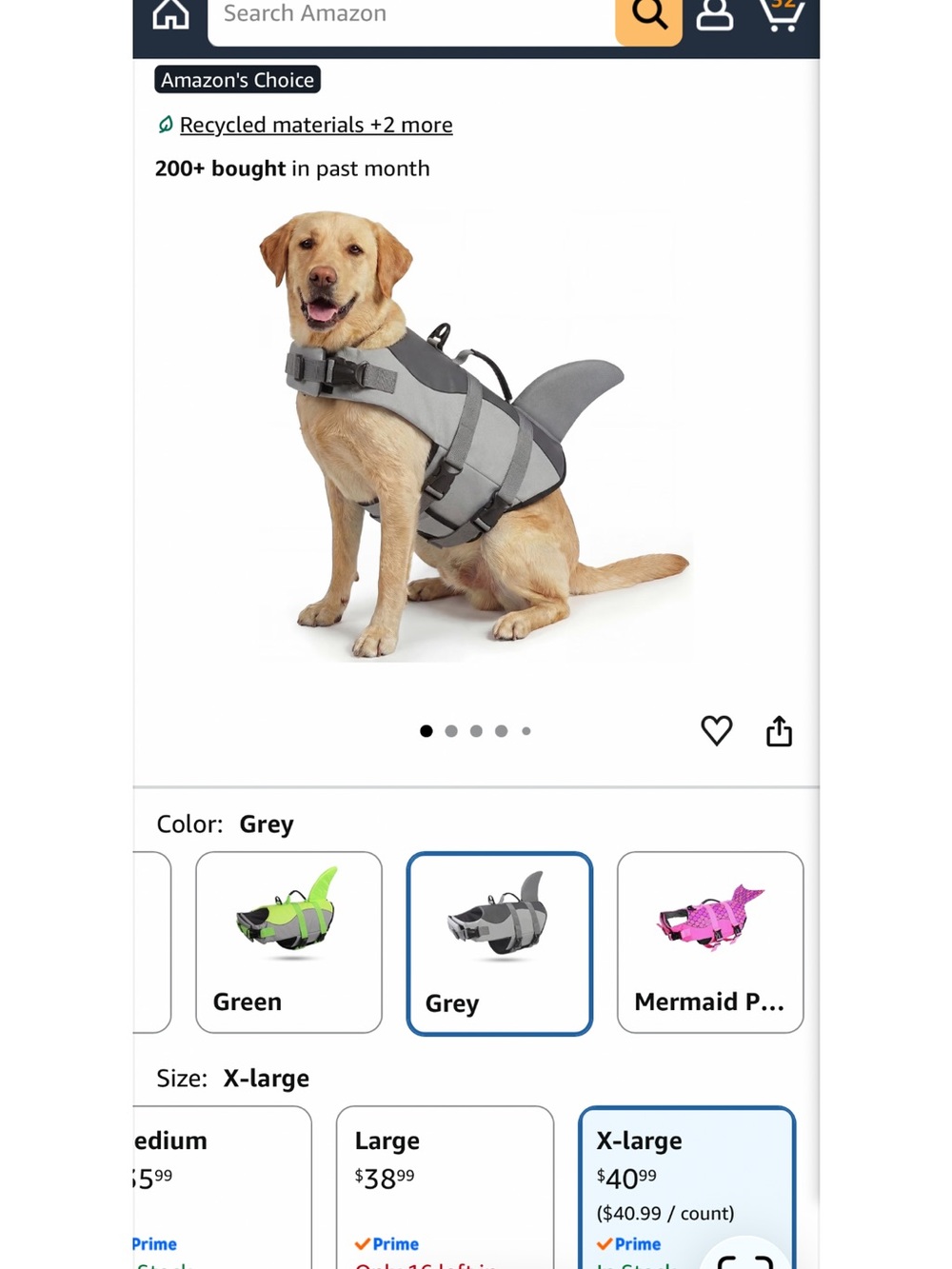 Grey Shark Dog Life Jacket with Handle